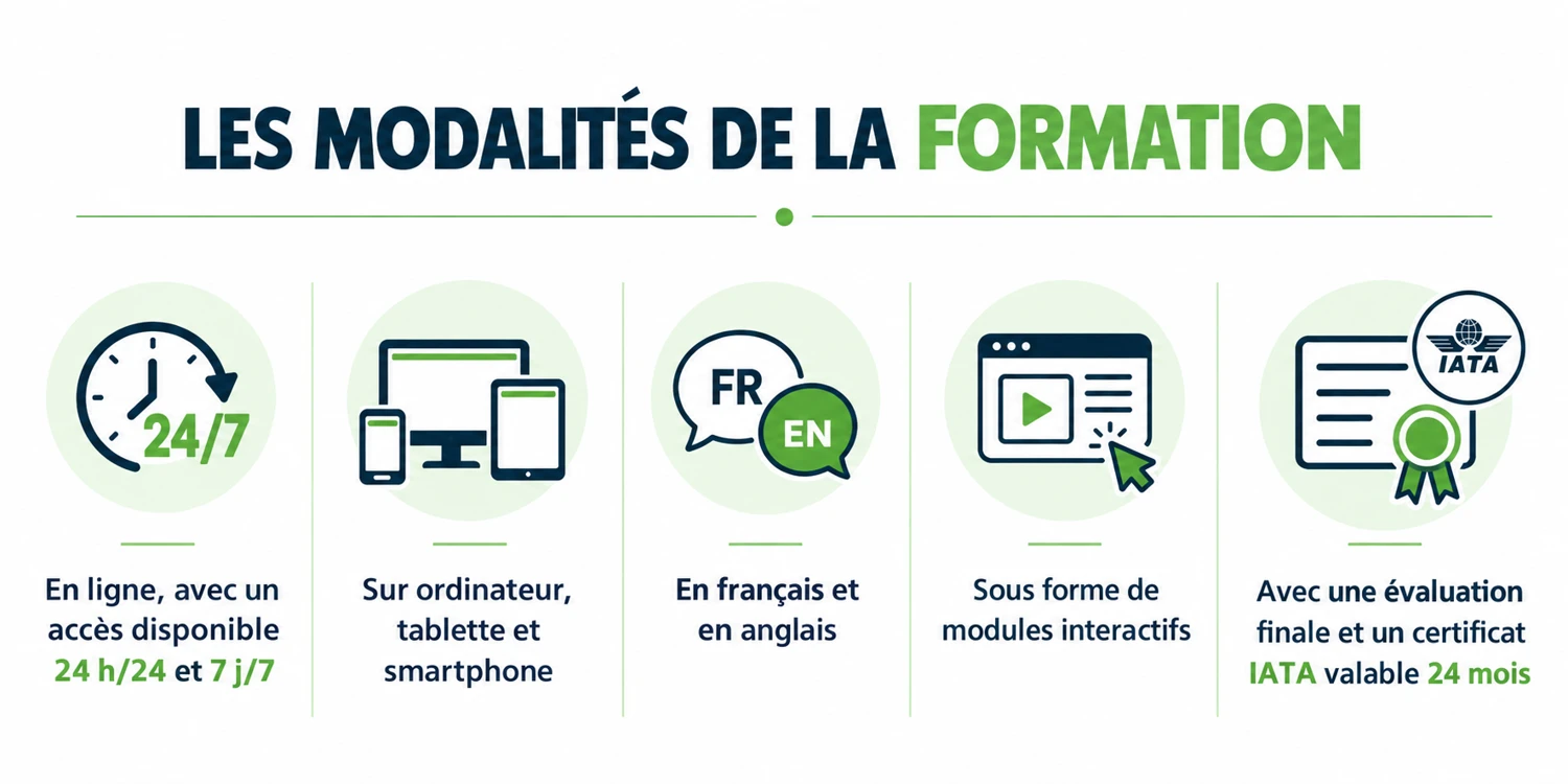Accès 24/7, ordinateur, tablette, smartphone, français et anglais, modules interactifs et certificat IATA valable 24 mois